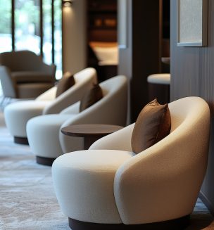 A minimalist seating area featuring modern, soft, comfortable chairs and sofas in neutral colors, offering a peaceful waiting space. Generative AI